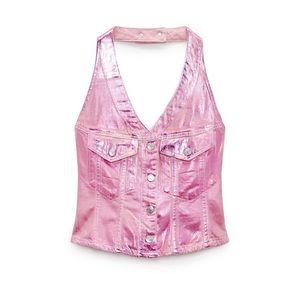 *Sold 🌹* ZARA x BARBIE The Movie NWT Metallic Pink Denim Halter Top Med Ltd